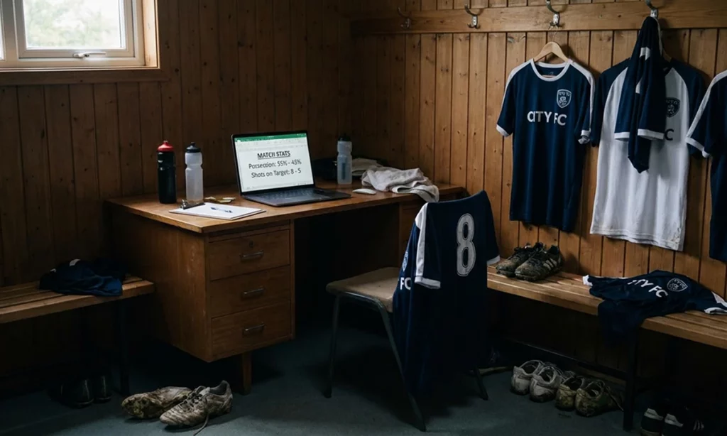 Футбольная форма и бутсы в раздевалке рядом с ноутбуком, где открыта линия матчей 1хбет